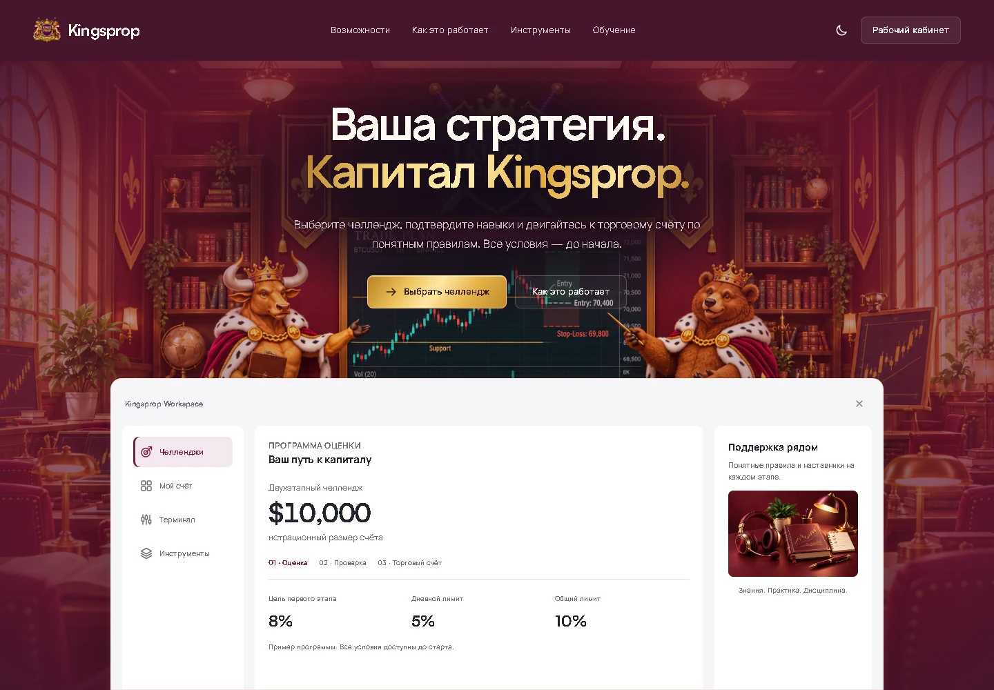 Главная Kingsprop: бордовая библиотека и королевские персонажи